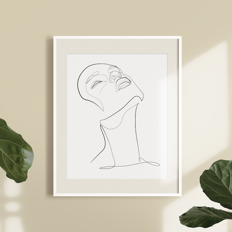 Pu&ograve; includere: Un disegno in bianco e nero a linea di un viso con la testa inclinata all'indietro. Il disegno &egrave; in una cornice bianca.