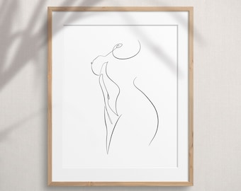 Kvinnlig kroppsformsteckning, abstrakt enlinjekonst för kvinnor, erotisk linjekonst, minimal naken utskrivbar, feminin figurskiss, nudistkonstaffisch