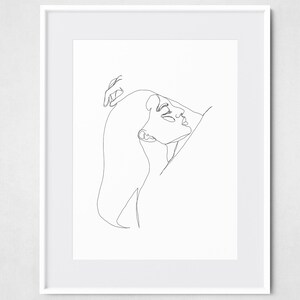 May include: A line drawing of a person's face and body in a single continuous line. The person is lying down with their head tilted back and their arm raised above their head.