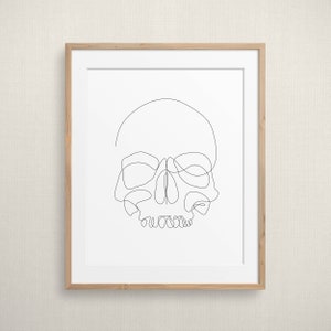 Abstracto una línea cráneo humano, arte del esqueleto de la anatomía minimalista, decoración de la oficina quiropráctica, arte de pared del bosque imprimible, impresión médica, póster