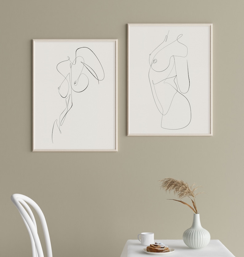 Printable One Line Abstract Nude Set of 2, Female Line Art, Woman Single Line Sketch, Feminine Minimal Wall Art, Body Figure Naked Prints. 