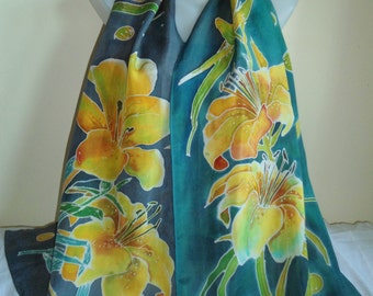 YELLOW LILIES - silk scarf handmade painted - made to order - 170X45 cm