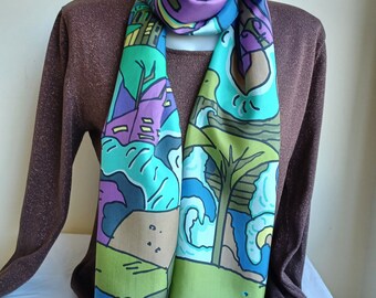 Made to order - Unisex silk scarf hand painted and printed - &quot;City by the sea&quot; 170x42 cm