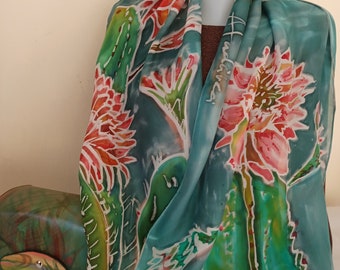 Made to order - Transparent  silk scarf hand painted with cactuses, Flowering cactus  170x 39cm
