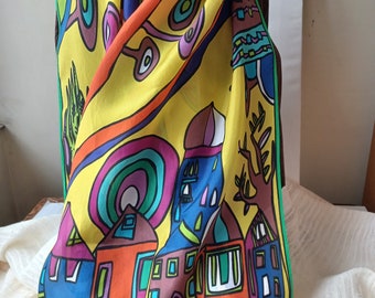 Hundertwasser en amarillo, tamaño 170x40, Pañuelo de seda único pintado e impreso a mano - Hecho por encargo