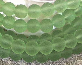 Cultured Sea Glass Beach Glass Beads -  Frosted Peridot Green -  8mm  - Round Center Drilled Seaglass Beads - 1 st. of approx. 24 beads