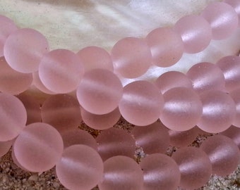 Cultured Sea Glass Beach Glass Beads -  Frosted Blossom Pink  -  8mm  - Round Center Drilled Sea Glass Beads - 1 st, of approx. 24 beads