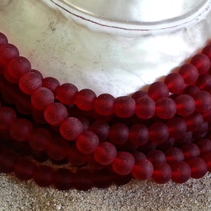 Sea Glass Beads -  Frosted Cherry Red -  6mm Round Center Drilled Cultured Sea Glass Beads - 1 strand of 32 beads