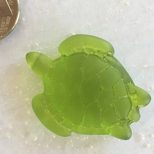 Puede incluir: Una pequeña figura de tortuga marina de vidrio verde. La tortuga es aproximadamente del tamaño de una moneda de diez céntimos de euro.