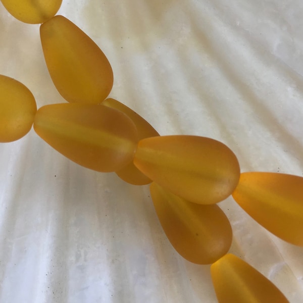 Sea Glass Beach Glass Beads - 16x10mm Lt. Saffron Yellow Orange Center Drilled Teardrop Cultured Sea Glass Earring Beads -  6 beads