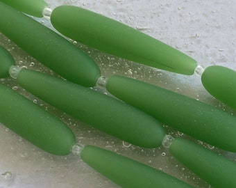 Sea Glass Beads -  38x8mm Opaque Spring Green Center Drilled Smooth Long Teardrop Cultured Sea Glass  Beads - 1 strand of 5 beads