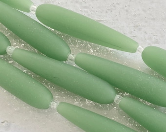 Sea Glass Beads -  38x8mm Opaque Sea Foam  Green Center Drilled Smooth Long Teardrop Cultured Sea Glass  Beads - 1 strand of 5 beads