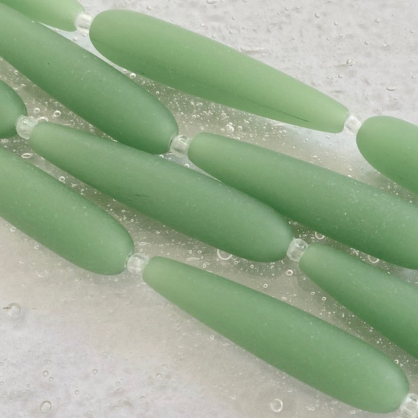 Sea Glass Beads -  38x8mm Opaque Sea Foam  Green Center Drilled Smooth Long Teardrop Cultured Sea Glass  Beads - 1 strand of 5 beads