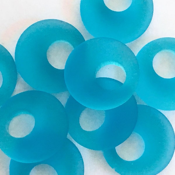 Sea Glass Beach Glass Beads - Frosted Pacific Blue Turquoise Aqua Round Seaglass Donut Pendants With off Center Holes - 20mm  - 2  pcs