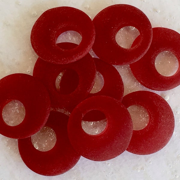 Sea Glass Beach Glass Beads - Frosted Cherry Red Donut Cultured Seaglass Pendants With Off Centered Holes -  20mm  - 2  pcs