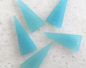 2 Pcs. Cultured Sea Glass Beach Glass Beads -  Opaque Blue Opal Small Cultured Seaglass Triangle Shield Pendants - 37x15mm - 1.25mm Hole