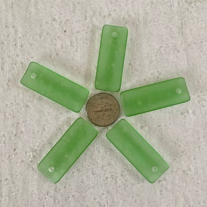 Sea Glass Beads -  Frosted Shamrock/Bottle Green Curved Long Rectangle Cultured Sea Glass Pendants 35x14mm  - 2pcs