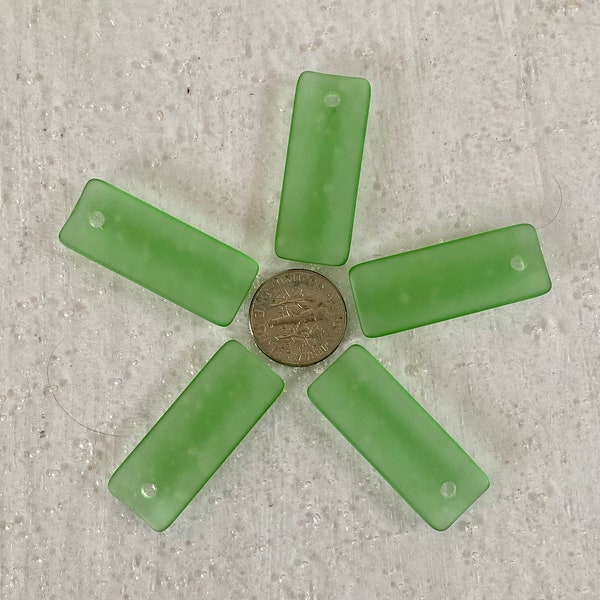 Sea Glass Beads -  Frosted Shamrock/Bottle Green Curved Long Rectangle Cultured Sea Glass Pendants 35x14 mm  - 2pcs