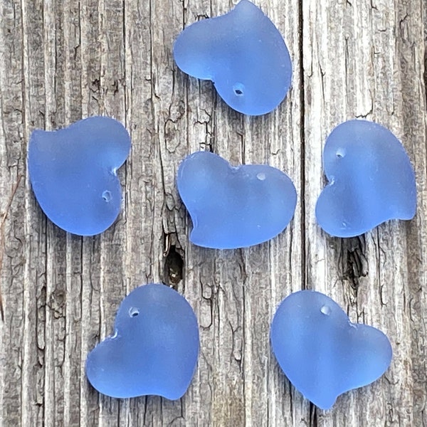 2 Pcs.-18mm Small Cultured Sea Glass Beach Glass Light Sapphire Blue Puffed (Pillow Bead) Heart Pendant Beads With 1.25mm Top Drilled Hole