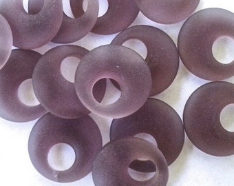 Sea Glass Beach Glass Beads  -  Frosted Amethyst  Round Cultured Seaglass Donut Pendants With Off Centered Holes -  20mm  - 2  pcs