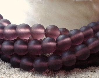 Sea Glass Beads -  Frosted Amethyst -  6mm Round Center Drilled Cultured Sea Glass Beads - 1 Strand Of Approx. 32 Beads