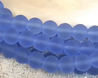 8mm Sea Glass Beach Glass Beads -  Frosted Lt. Sapphire Blue  Round Center Drilled Cultured Sea Glass Beads - 1 strand of 24 approx. beads