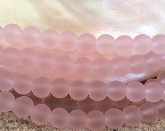 Sea Glass Beads - Blossom Pink Frosted 4mm Round Center Drilled Cultured Sea Glass Beads - 1 strand of approx. 46 beads