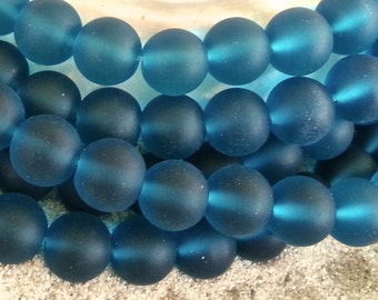 Cultured Sea Glass Beach Glass (Seaglass) Beads  8mm Teal Center Drilled Round Bottle Style Beach Glass Beads - 1 st. of Approx. 24 beads