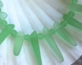 Sea Glass Beads - Frosted Look Cultured Sea Glass Peridot Green Tusk Beads  22-30mm long x 5-7mm thick  - Approx. 20 beads