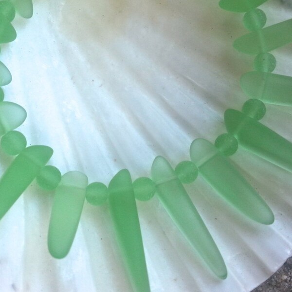 Sea Glass Beads - Frosted Look Cultured Sea Glass Peridot Green Tusk Beads  22-30mm long x 5-7mm thick  - Approx. 20 beads
