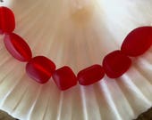 Sea Glass Beach Glass Beads - 1 Strand (7 Pcs.) Frosted Cherry Red Small Center Drilled Nugget Beads - 10 to 15mm