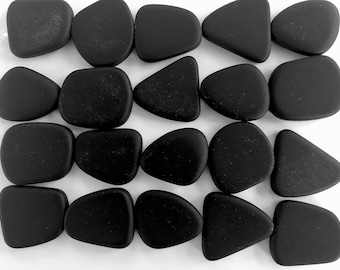 Sea Glass Beads -  Frosted Black Freeform Flat Length Drilled Beads With Sizes Ranging from 18-22mm  - 1 strand of 5 beads