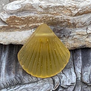 May include: A yellow glass seashell pendant with a ribbed texture.