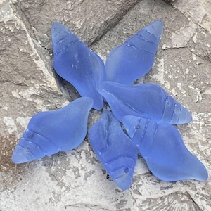 Sea Glass, Seaglass, Beach Glass Beads (Recycled Glass) Frosted Light Sapphire Blue Tip Drilled  Conch Shell Pendants - 26x 2mm - 2 pcs.