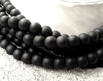 Sea Glass (Beach Glass) Beads -  Frosted Black -  6mm Round Center Drilled Cultured Sea Glass Beads - 1 strand of approx. 32 beads