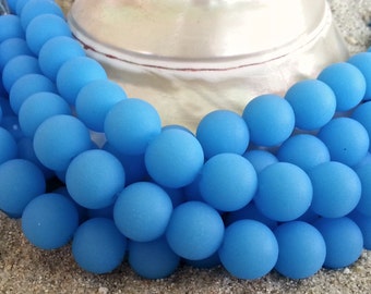 Sea Glass Beach Glass Beads  -  10mm Opaque Blue Opal Round Center Drilled Bottle Style Beads - 1 strand of 21 beads