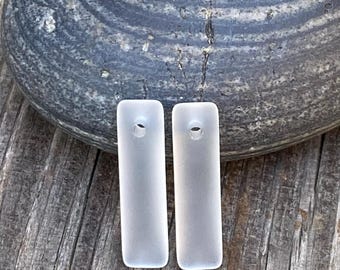 2 Pcs.- 6x22mm Cultured Sea Glass Beach Glass Frosted Clear Puffed (Pillow Bead) Mini Rectangle Pendant Beads With 1.25mm Top Drilled Hole