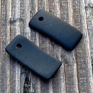 Sea Glass, Seaglass (Recycled Glass) Frosted Black Bottle Curved Small Top Drilled Beach Glass Rectangle Pendants - 22x11mm  -  2 pcs