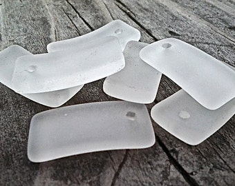 Sea Glass, Seaglass (Recycled Glass) Frosted Matte Clear Bottle Curved Small Top Drilled Beach Glass Rectangle Pendants - 22x11mm  -  2 pcs