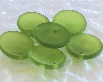 Sea Glass Beads -  Frosted Lime Green Olive Mini Bottle Curved Concave Coin Cultured Sea Glass Pendant Beads - Top Drilled - 18mm - 2pcs