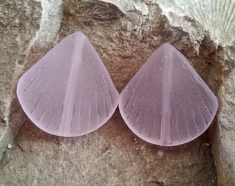 2 Pcs.-Small Sea Glass (Seaglass) Clamshells - Frosted Blossom Pink, Length Drilled Beach Glass Pendant Beads - 20mmx19mm