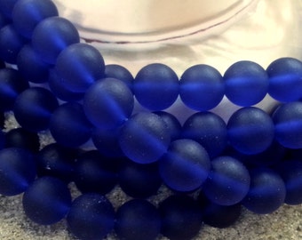1 Strand Of 10mm Round Royal Blue Cultured Sea Glass Beads With A Matte Finish - 21 Pcs. Per St.