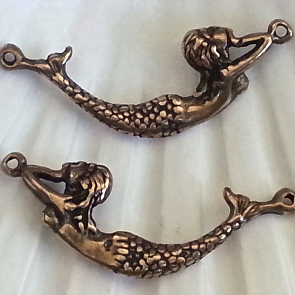 1 pc. - Natural Real Bronze (Not Plated) Two Sided Mermaid Connector Pendant Charm , Made in the USA -35x13mm not including loop