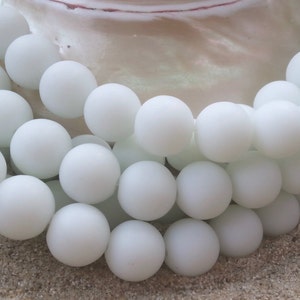 Sea Glass Beach Glass Beads - Frosted Opaque White 10mm Round Center Drilled Seaglass Beads - 1 strand of approx. 21 beads