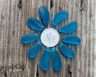 Teal Sea Glass Pendants:  Small Side Tip Drilled Freeform Teardrop Nugget Beads - 5 Pairs