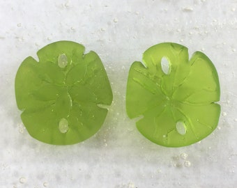 2 Pcs. (21x19mm) Lime Green Small Sand Dollar Sea Glass Style Beautifully Textured Pendant  Beads Designed With A Natural Hole At The Top
