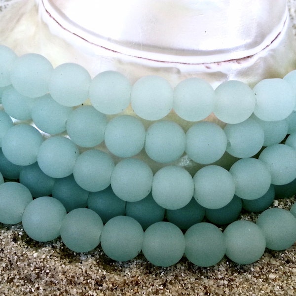 Sea Glass Beads - Frosted Opaque Lt. Aqua Blue Sea Foam - 8mm Round Center Drilled Cultured Sea Glass Beads - 1 strand of app. 24 beads