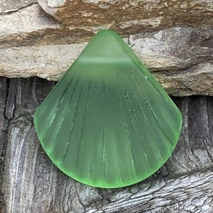 May include: A green glass seashell pendant with a textured surface. The pendant is shaped like a scallop shell and has a frosted finish.