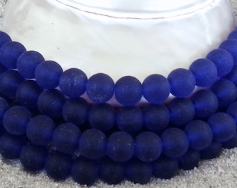 8mm Sea Glass Beads - Frosted Royal Blue  Round Center Drilled Bottle Style Cultured Seaglass Beads - 1 strand of Approx. 24 beads