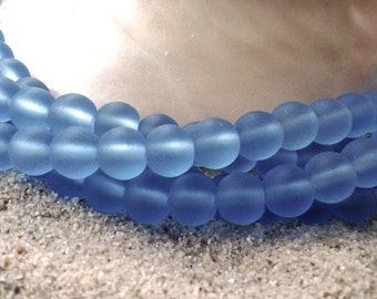 6mm Round Lt. Sapphire Blue Center Drilled Cultured Beach Glass Beads - Sea Glass (Seaglass)  Beads -- 1 Strand  Of Approx. 37 beads